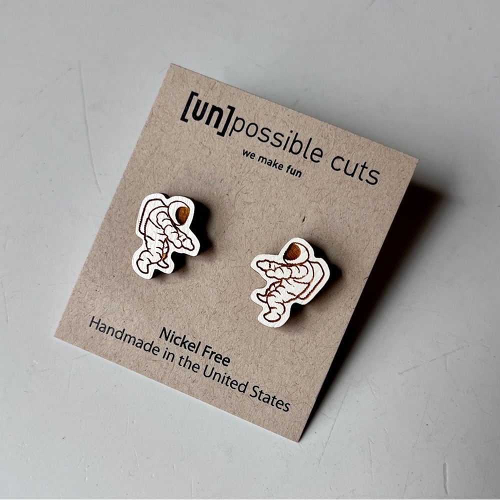 Unpossible Cuts Laser-cut Wood Astronaut Stud Earrings